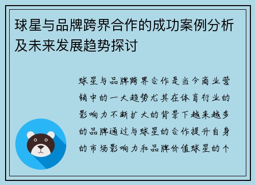 球星与品牌跨界合作的成功案例分析及未来发展趋势探讨