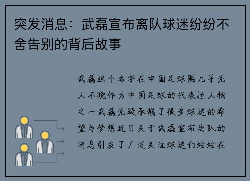 突发消息：武磊宣布离队球迷纷纷不舍告别的背后故事