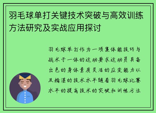 羽毛球单打关键技术突破与高效训练方法研究及实战应用探讨