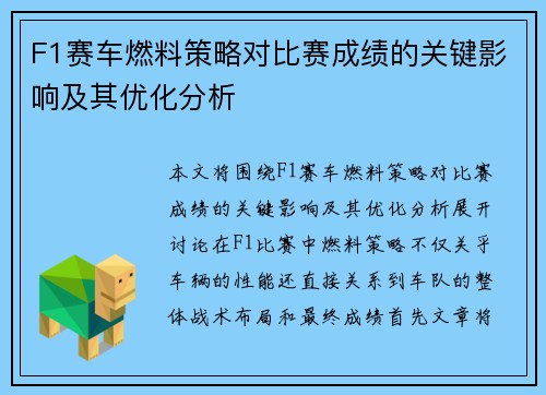 F1赛车燃料策略对比赛成绩的关键影响及其优化分析